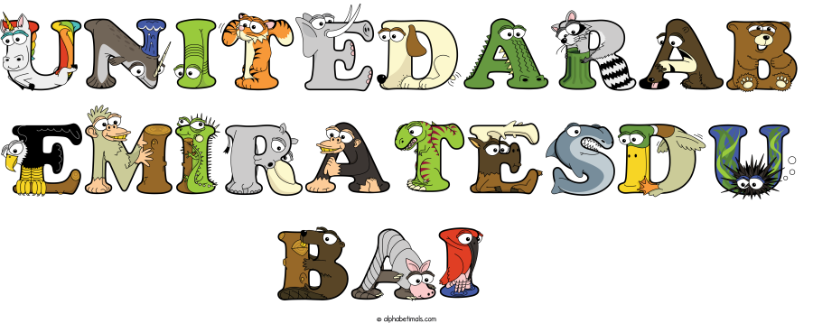 Unitedarab Emiratesdu Bai animal word art spelling Unitedarab Emiratesdu Bai with Alphabetimals - cartoon alphabet animals