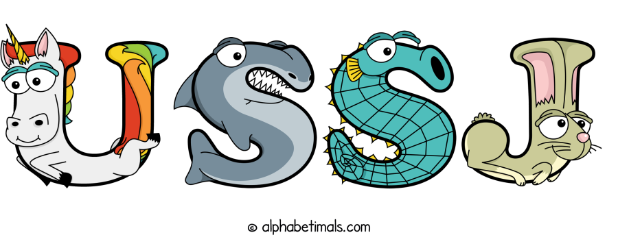 Ussj animal word art spelling Ussj with Alphabetimals - cartoon alphabet animals