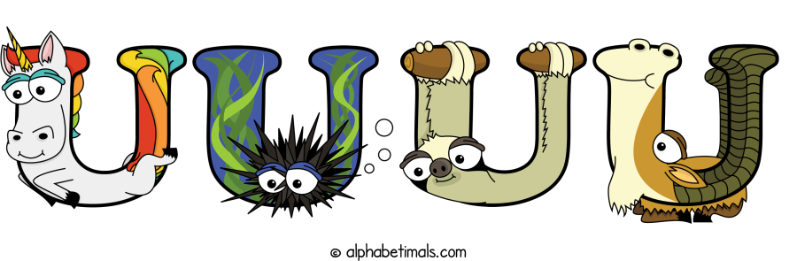Uuuu animal word art spelling Uuuu with Alphabetimals - cartoon alphabet animals