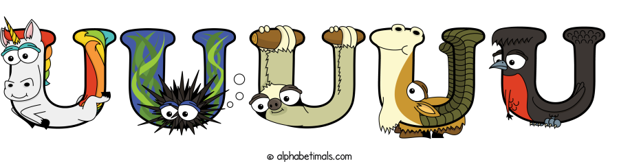 Uuuuu animal word art spelling Uuuuu with Alphabetimals - cartoon alphabet animals