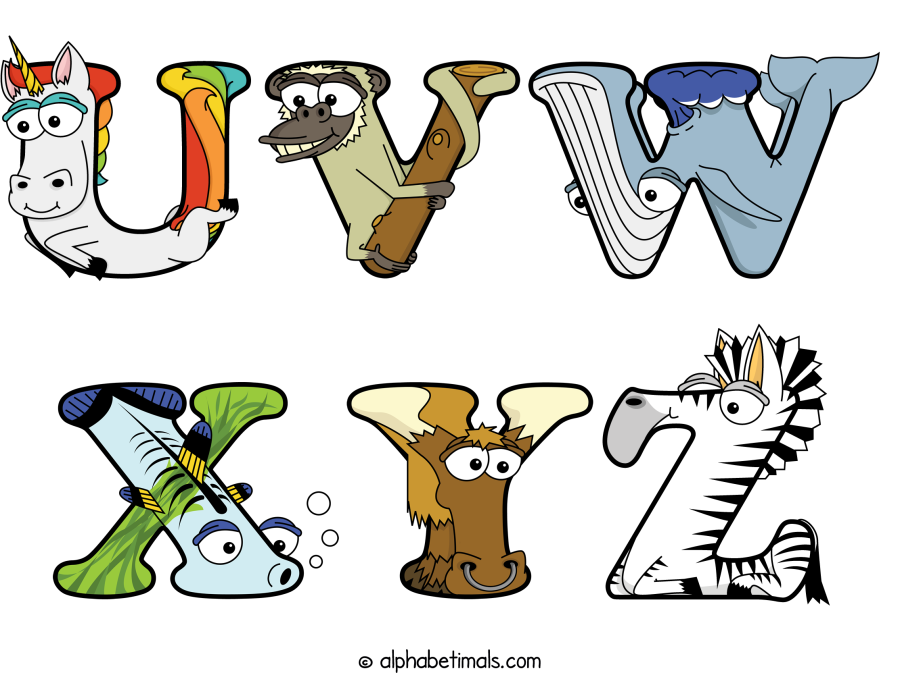 Uvw Xyz animal word art spelling Uvw Xyz with Alphabetimals - cartoon alphabet animals