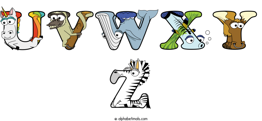 Uvwxy Z animal word art spelling Uvwxy Z with Alphabetimals - cartoon alphabet animals