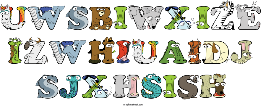 Uwsbiwxize Izwhiuaidj Sjxhsish animal word art spelling Uwsbiwxize Izwhiuaidj Sjxhsish with Alphabetimals - cartoon alphabet animals