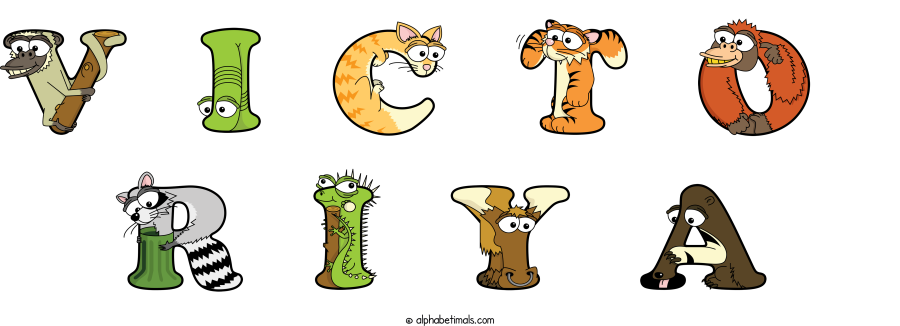 V I C T O  R I Y A animal word art spelling V I C T O  R I Y A with Alphabetimals - cartoon alphabet animals