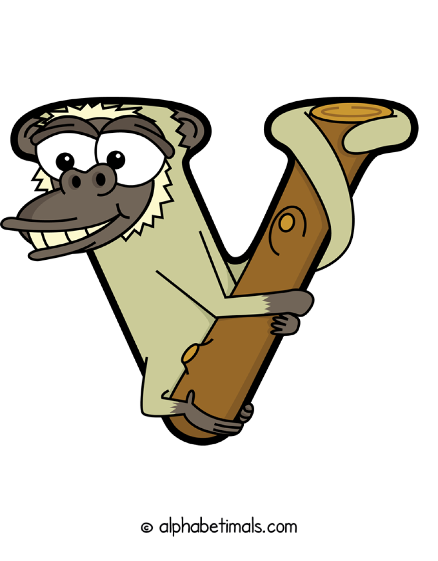 V animal word art spelling V with Alphabetimals - cartoon alphabet animals