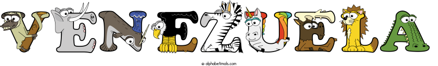 Venezuela animal word art spelling Venezuela with Alphabetimals - cartoon alphabet animals