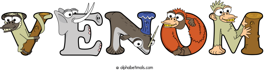 Venom animal word art spelling Venom with Alphabetimals - cartoon alphabet animals
