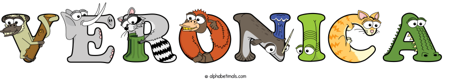 Veronica animal word art spelling Veronica with Alphabetimals - cartoon alphabet animals