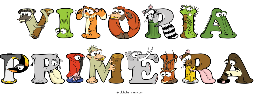 Vitoria Primeira animal word art spelling Vitoria Primeira with Alphabetimals - cartoon alphabet animals