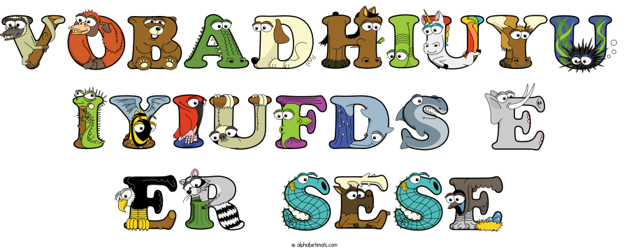 Vobadhiuyu Iyiufds E  Er Sese animal word art spelling Vobadhiuyu Iyiufds E  Er Sese with Alphabetimals - cartoon alphabet animals