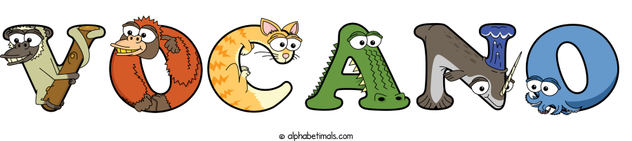 Vocano animal word art spelling Vocano with Alphabetimals - cartoon alphabet animals