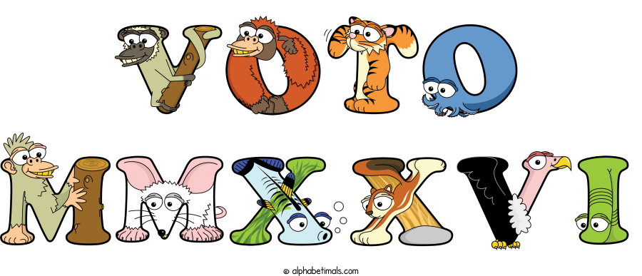 Voto Mmxxvi animal word art spelling Voto Mmxxvi with Alphabetimals - cartoon alphabet animals