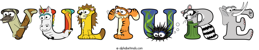 Vulture animal word art spelling Vulture with Alphabetimals - cartoon alphabet animals