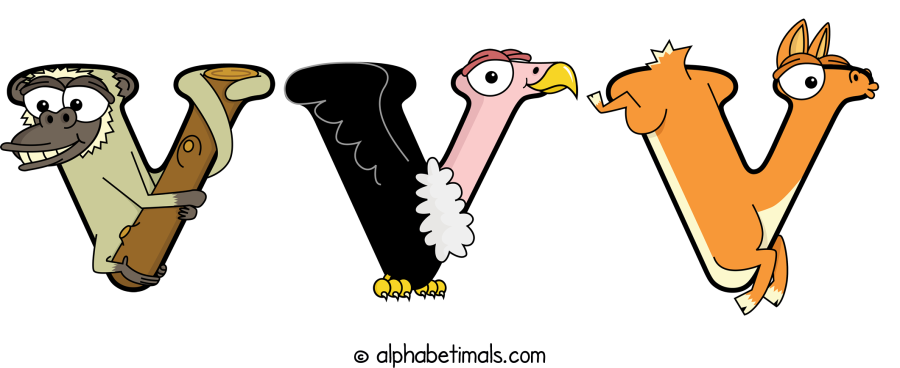 Vvv animal word art spelling Vvv with Alphabetimals - cartoon alphabet animals