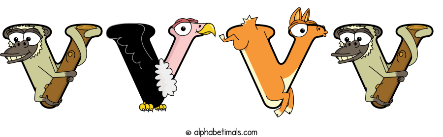 Vvvv animal word art spelling Vvvv with Alphabetimals - cartoon alphabet animals