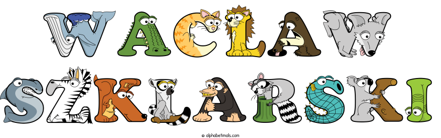 Waclaw Szklarski animal word art spelling Waclaw Szklarski with Alphabetimals - cartoon alphabet animals