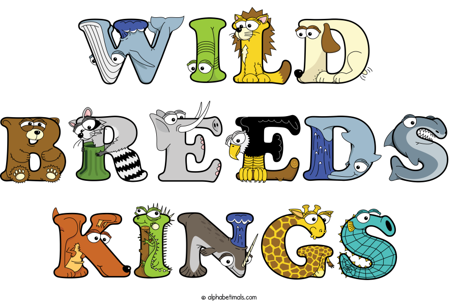 Wild Breeds Kings animal word art spelling Wild Breeds Kings with Alphabetimals - cartoon alphabet animals