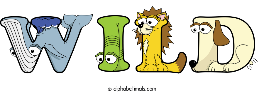 Wild animal word art spelling Wild with Alphabetimals - cartoon alphabet animals