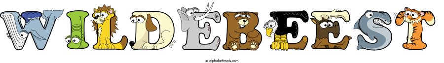 Wildebeest animal word art spelling Wildebeest with Alphabetimals - cartoon alphabet animals
