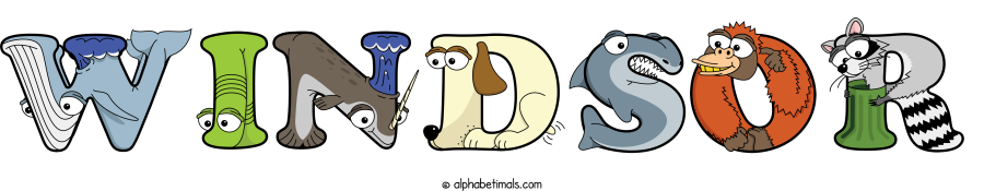 Windsor animal word art spelling Windsor with Alphabetimals - cartoon alphabet animals