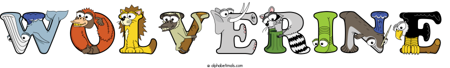Wolverine animal word art spelling Wolverine with Alphabetimals - cartoon alphabet animals