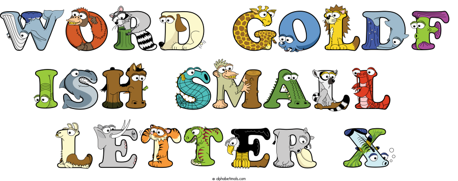 Word Goldf Ish Small  Letter X animal word art spelling Word Goldf Ish Small  Letter X with Alphabetimals - cartoon alphabet animals