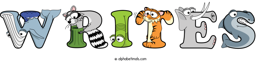 Writes animal word art spelling Writes with Alphabetimals - cartoon alphabet animals