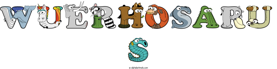 Wuerhosaru S animal word art spelling Wuerhosaru S with Alphabetimals - cartoon alphabet animals