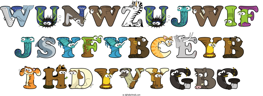 Wunwzujwif Jsyfybceyb Thdyvygbg animal word art spelling Wunwzujwif Jsyfybceyb Thdyvygbg with Alphabetimals - cartoon alphabet animals