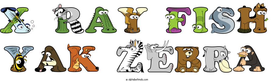 X Ray Fish Yak Zebra animal word art spelling X Ray Fish Yak Zebra with Alphabetimals cartoon alphabet animals