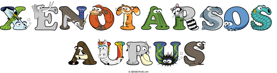 Xenotarsos Aurus animal word art spelling Xenotarsos Aurus with Alphabetimals - cartoon alphabet animals