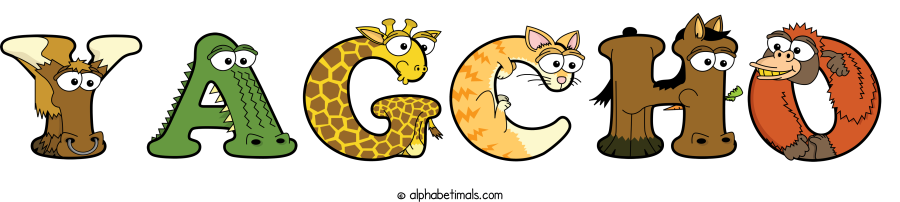 Yagcho animal word art spelling Yagcho with Alphabetimals - cartoon alphabet animals