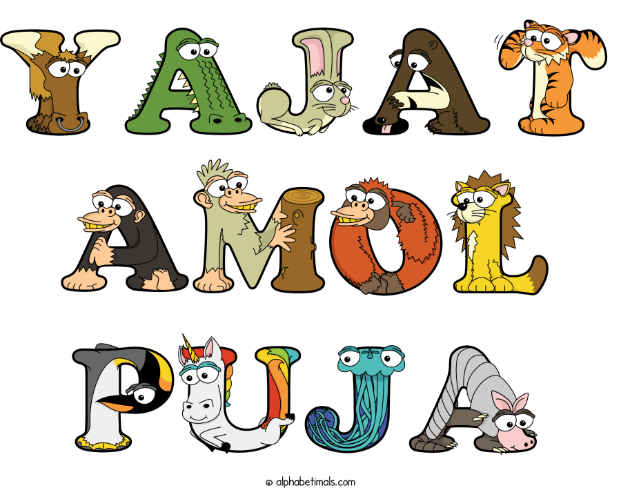 Yajat Amol Puja animal word art spelling Yajat Amol Puja with Alphabetimals - cartoon alphabet animals