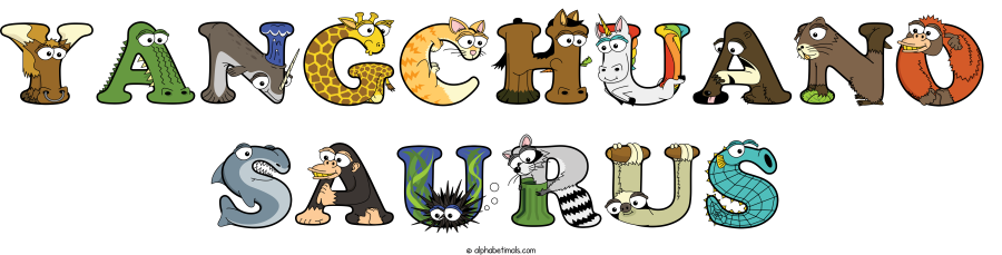 Yangchuano Saurus animal word art spelling Yangchuano Saurus with Alphabetimals - cartoon alphabet animals
