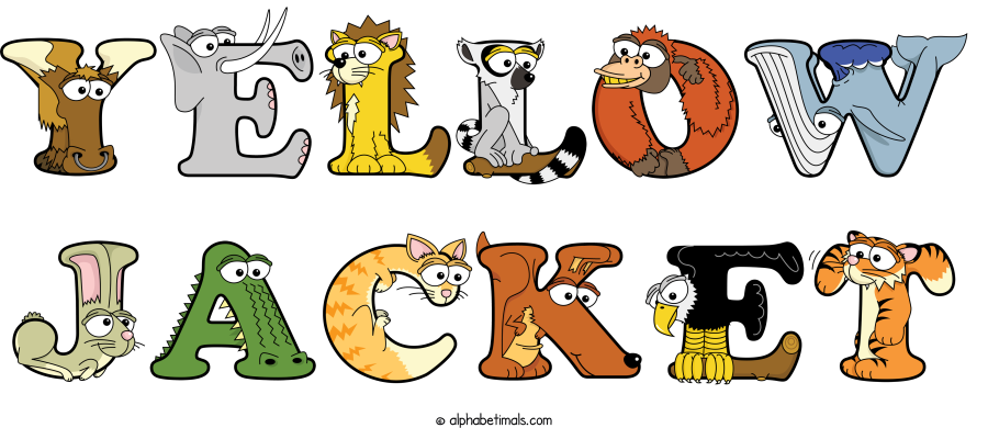 Yellow Jacket animal word art spelling Yellow Jacket with Alphabetimals - cartoon alphabet animals