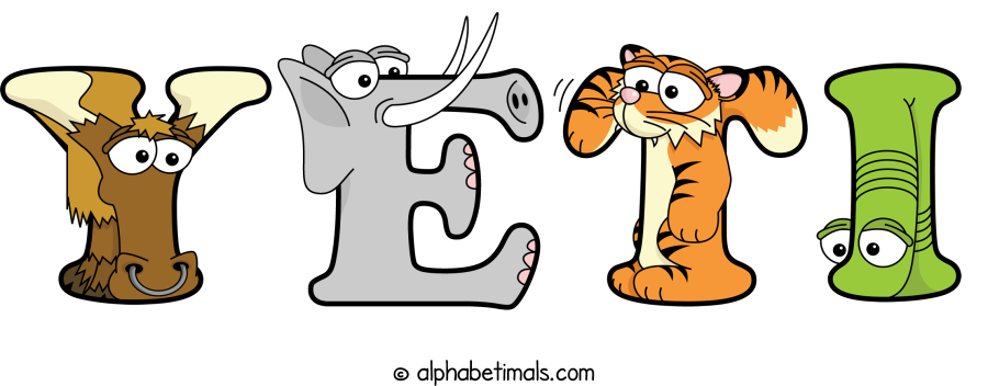 Yeti animal word art spelling Yeti with Alphabetimals - cartoon alphabet animals