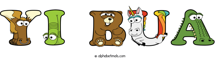 Yi Bua animal word art spelling Yi Bua with Alphabetimals - cartoon alphabet animals
