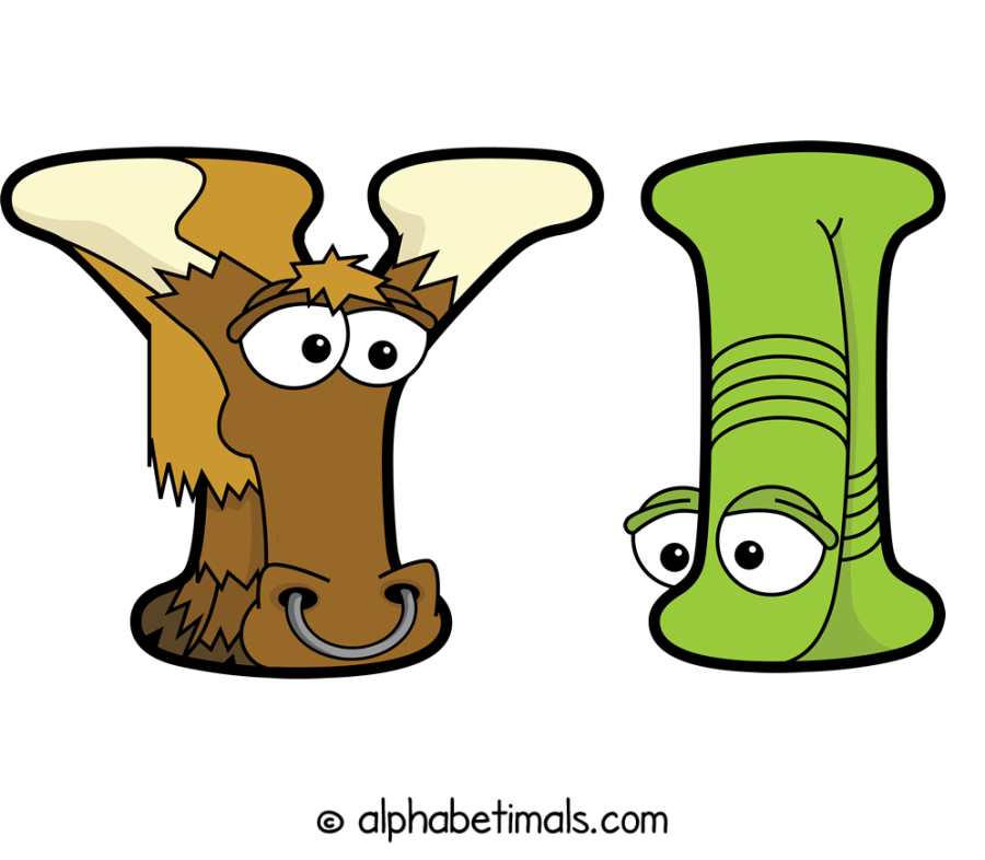 Yi animal word art spelling Yi with Alphabetimals - cartoon alphabet animals