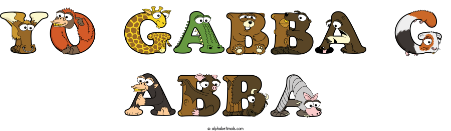 Yo Gabba G Abba animal word art spelling Yo Gabba G Abba with Alphabetimals - cartoon alphabet animals