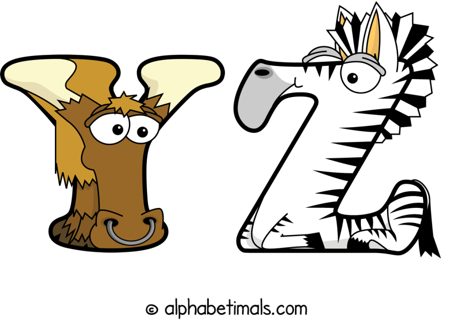 Yz animal word art spelling Yz with Alphabetimals - cartoon alphabet animals