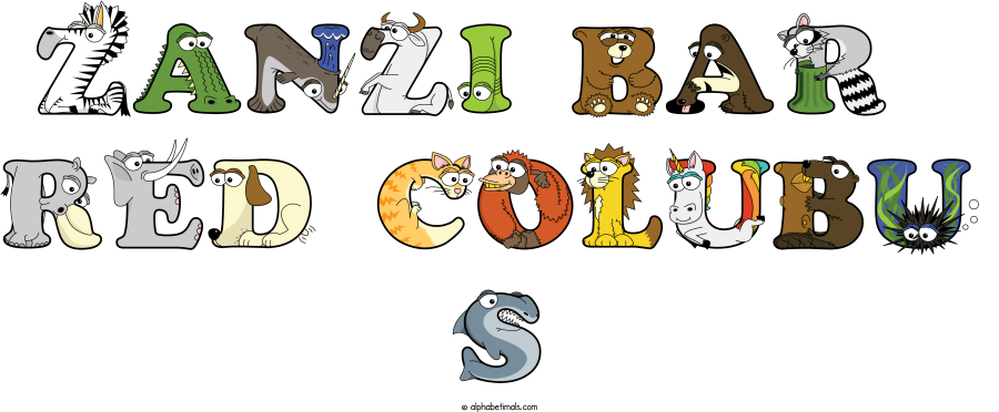 Zanzi Bar  Red Colubu S animal word art spelling Zanzi Bar  Red Colubu S with Alphabetimals - cartoon alphabet animals
