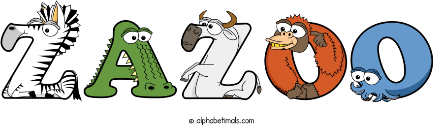 Zazoo animal word art spelling Zazoo with Alphabetimals - cartoon alphabet animals