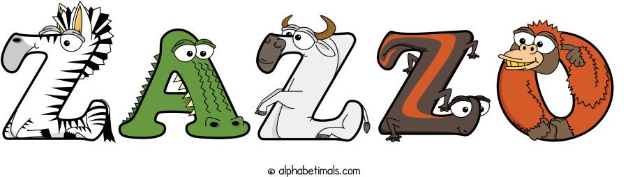 Zazzo animal word art spelling Zazzo with Alphabetimals - cartoon alphabet animals