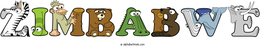 Zimbabwe animal word art spelling Zimbabwe with Alphabetimals - cartoon alphabet animals