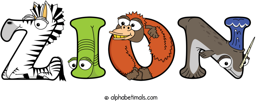 Zion animal word art spelling Zion with Alphabetimals - cartoon alphabet animals