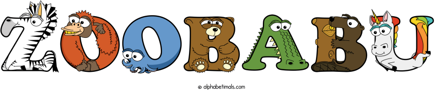 Zoobabu animal word art spelling Zoobabu with Alphabetimals - cartoon alphabet animals