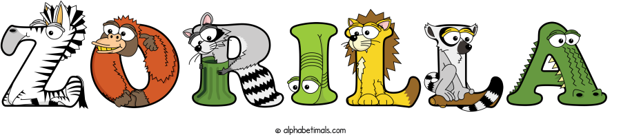 Zorilla animal word art spelling Zorilla with Alphabetimals - cartoon alphabet animals