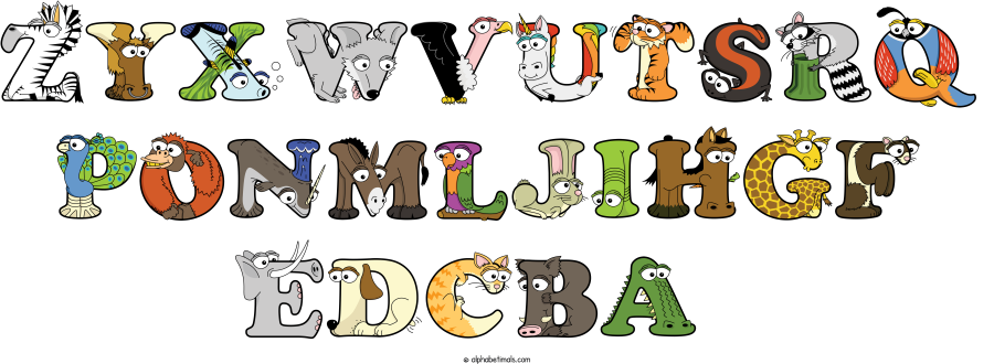 Zyxwvutsrq Ponmljihgf Edcba animal word art spelling Zyxwvutsrq Ponmljihgf Edcba with Alphabetimals - cartoon alphabet animals