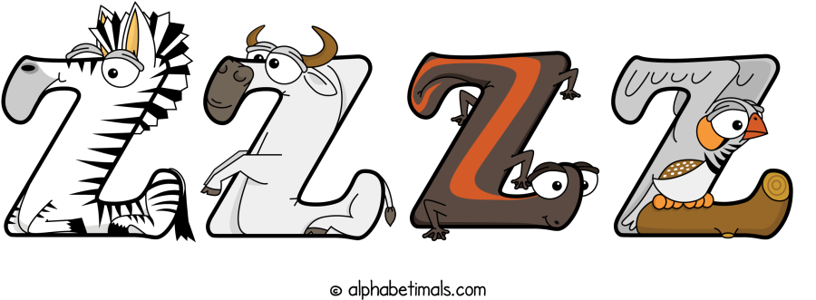 Zzzz animal word art spelling Zzzz with Alphabetimals - cartoon alphabet animals