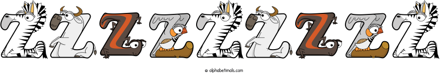 Zzzzzzzzz animal word art spelling Zzzzzzzzz with Alphabetimals - cartoon alphabet animals